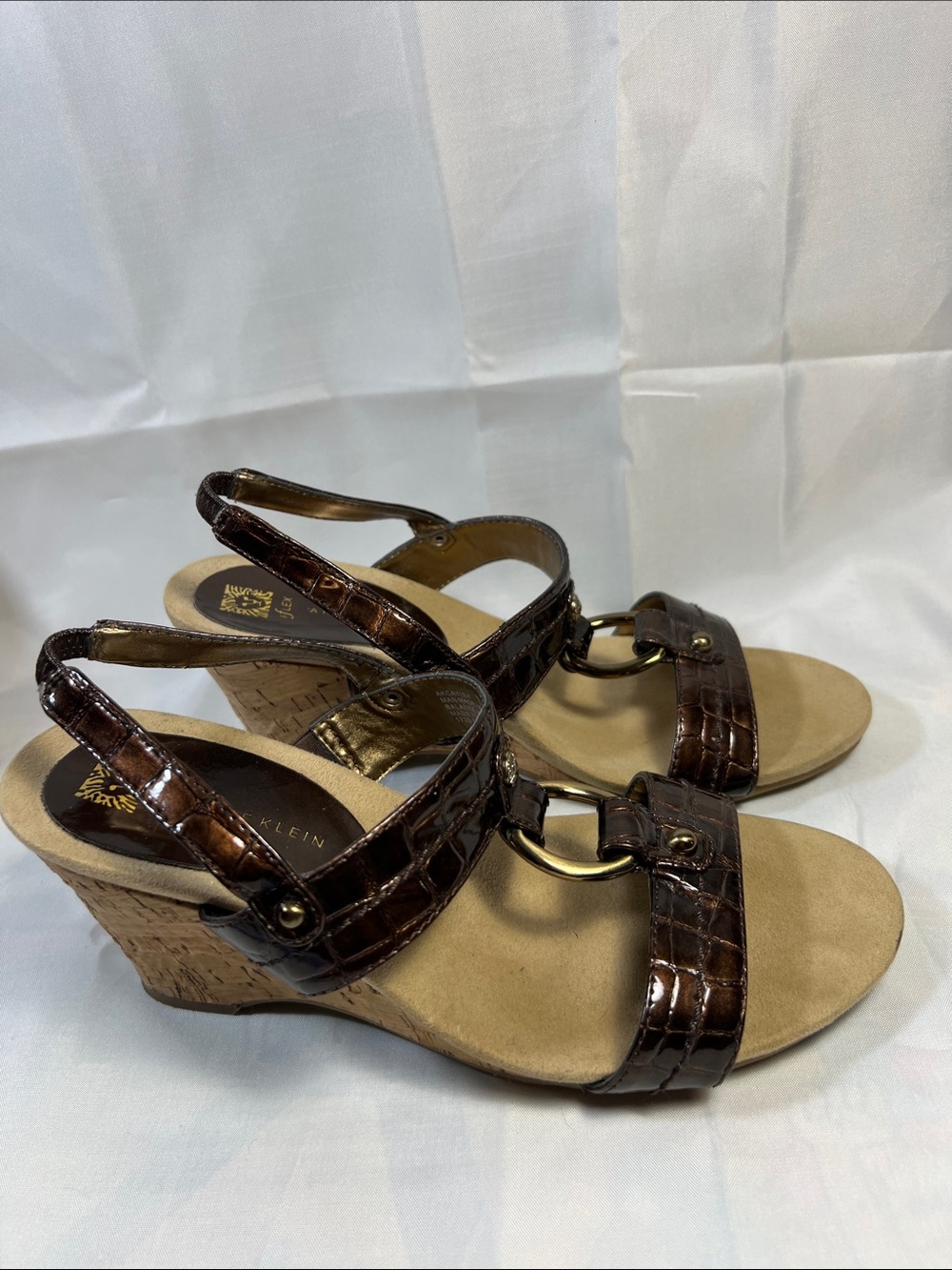 Anne Klein Dark Brown Croc-Embossed Wedge Sandals with Gold Ring